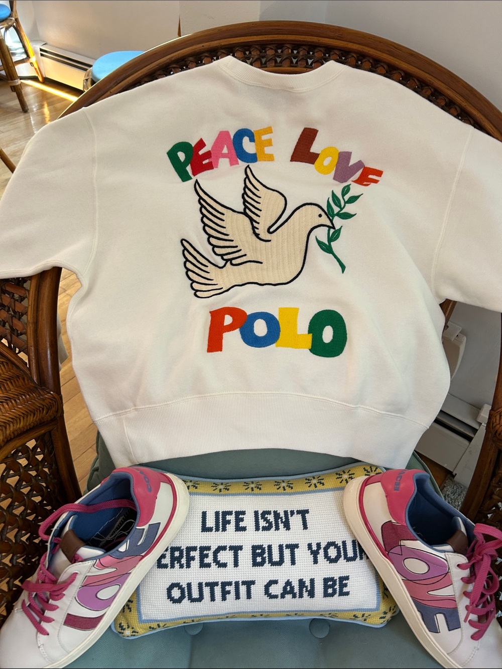 Polo by Ralph Lauren Cream Sweatshirt with Multicolor 'Peace Love' Dove Appliqué